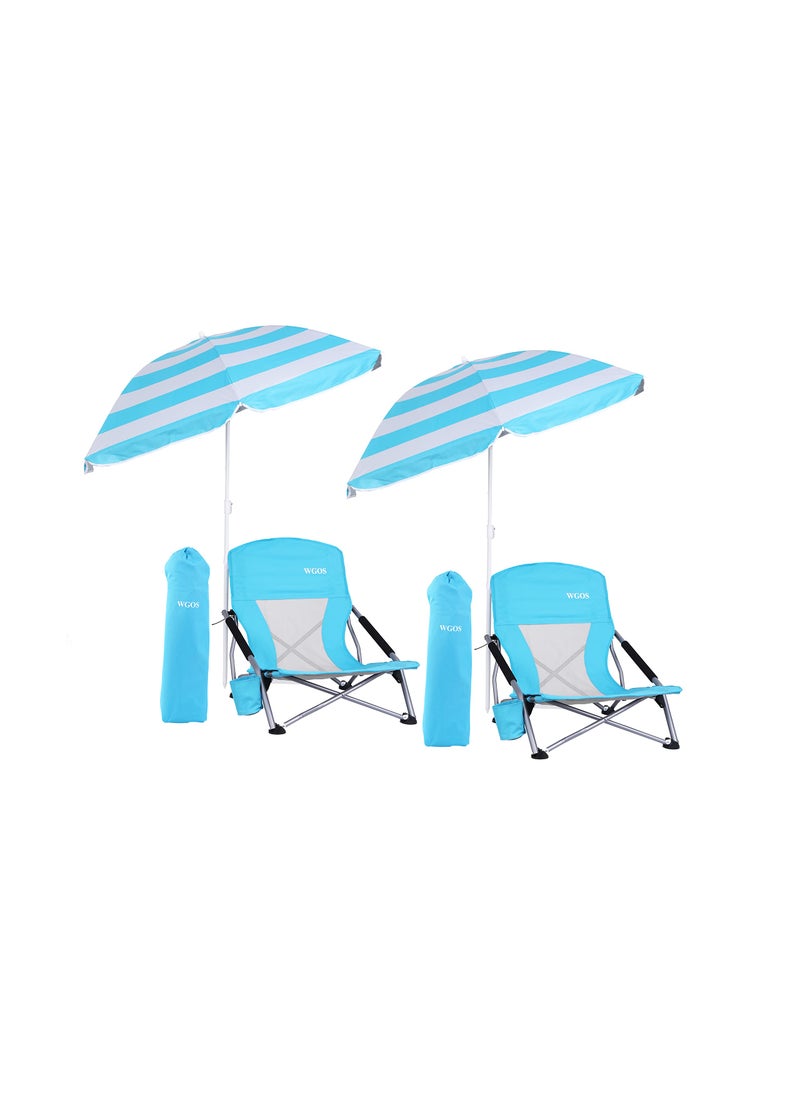 WGOS Blue Sillas De Playa 2Pack  Folding Beach Chairs with Umbrella Adults  Low Height Perfect for Beach  Camping 