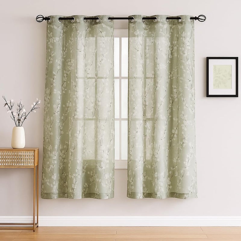 BFAM Sheer Curtain with Floral Print, Premium Printed Sheer Drapes, Eyelet/Grommet Curtain for Living Room, Bedroom, Light Filtering Curtains, Green Floral 7 Feet,Pack of 1 Curtain - Image 1