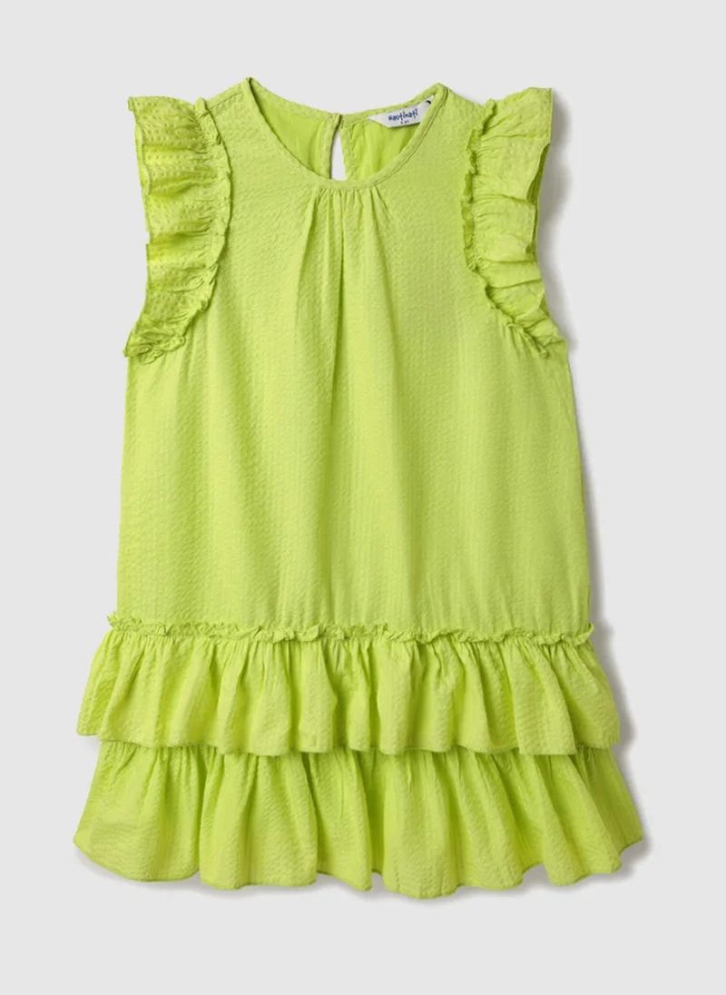 Nautinati Woven Lime Green Tiered Dress for Girls