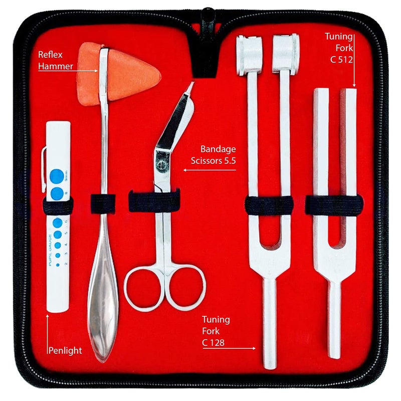 DEXSUR Diagnostics Kit - Percussion Taylor Reflex Hammer + C 128 & C 512 Tuning Forks + Bandage Scissors + Pupil Gauge Pen Light in Carrying Case - 6 Pieces Set - Silver - Image 2