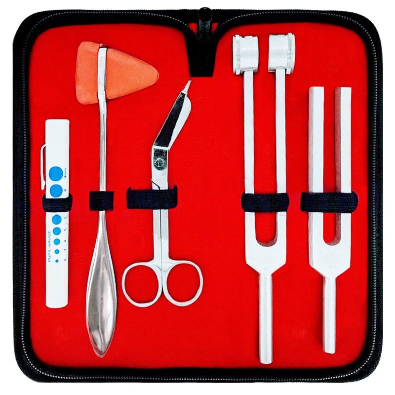 DEXSUR Diagnostics Kit - Percussion Taylor Reflex Hammer + C 128 & C 512 Tuning Forks + Bandage Scissors + Pupil Gauge Pen Light in Carrying Case - 6 Pieces Set - Silver - Image 1