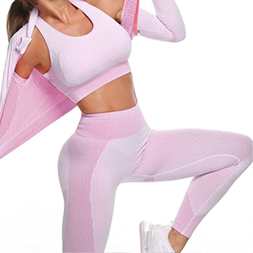 Veriliss Women's 3pcs Seamless Outfits Workout Sets,Gym Clothes Yoga Sportswear Leggings and Stretch Sports Bra Gym jumpsuits Clothes Set (Pink Purple,L) - Image 3