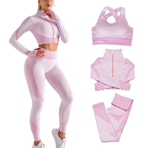 Veriliss Women's 3pcs Seamless Outfits Workout Sets,Gym Clothes Yoga Sportswear Leggings and Stretch Sports Bra Gym jumpsuits Clothes Set (Pink Purple,L) - Image 1