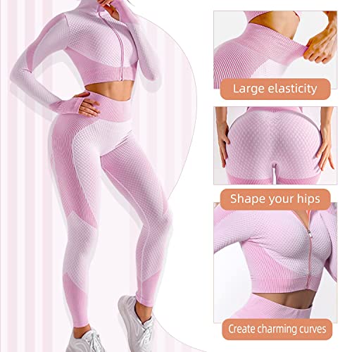 Veriliss Women's 3pcs Seamless Outfits Workout Sets,Gym Clothes Yoga Sportswear Leggings and Stretch Sports Bra Gym jumpsuits Clothes Set (Pink Purple,L) - Image 5