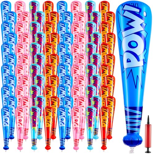 Seematn 100 Pcs Mardi Gras Throws Bulk Pow Inflatable Baseball Bats 17 Inch Inflatable Blow up Bats for Kids Carnival Game Prizes Bulk Carnival Hero Sports Prizes Favors BlueDark BluePinkRed - Image 1