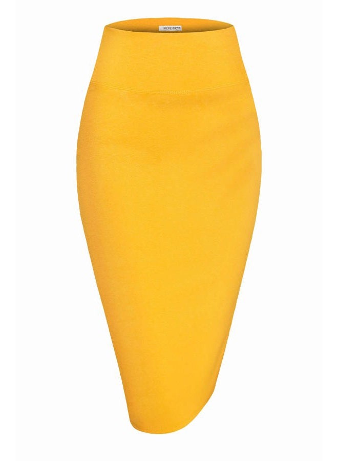 MINEFREE Women's Premium High Waist Nylon Ponte Stretch Office Pencil Skirt Solid Mustard 3XL - Image 1