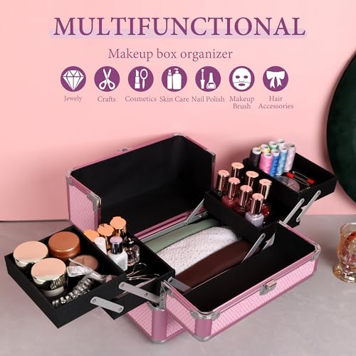 HAISKY Makeup Train Case Cosmetic Organizer Case Makeup Box Portable Make Up Artist Travel Case with 4 Trays Dividers Lockable Hard Train Case Nail Tech Supply Storage - Crystal Pink - Image 4
