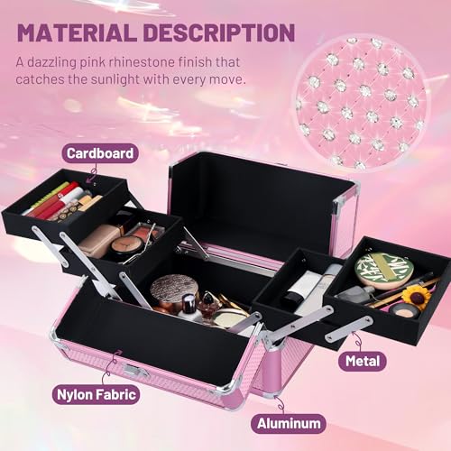HAISKY Makeup Train Case Cosmetic Organizer Case Makeup Box Portable Make Up Artist Travel Case with 4 Trays Dividers Lockable Hard Train Case Nail Tech Supply Storage - Crystal Pink - Image 3