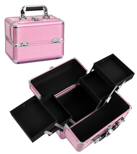 HAISKY Makeup Train Case Cosmetic Organizer Case Makeup Box Portable Make Up Artist Travel Case with 4 Trays Dividers Lockable Hard Train Case Nail Tech Supply Storage - Crystal Pink - Image 1