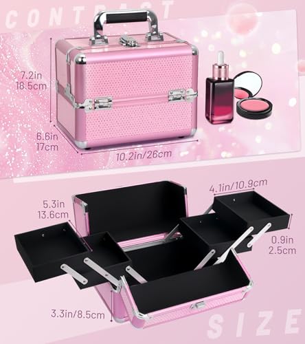HAISKY Makeup Train Case Cosmetic Organizer Case Makeup Box Portable Make Up Artist Travel Case with 4 Trays Dividers Lockable Hard Train Case Nail Tech Supply Storage - Crystal Pink - Image 2