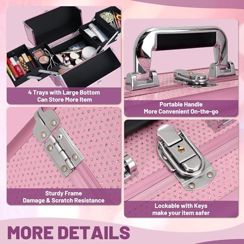 HAISKY Makeup Train Case Cosmetic Organizer Case Makeup Box Portable Make Up Artist Travel Case with 4 Trays Dividers Lockable Hard Train Case Nail Tech Supply Storage - Crystal Pink - Image 5