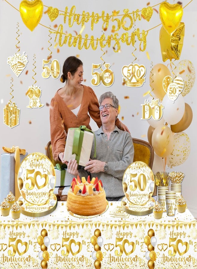 cocomigo 162pc 50th Anniversary Decorations - Tableware Set with Plates, Napkins, Banner, Tablecloth, Balloons - Serves 25 - Image 5