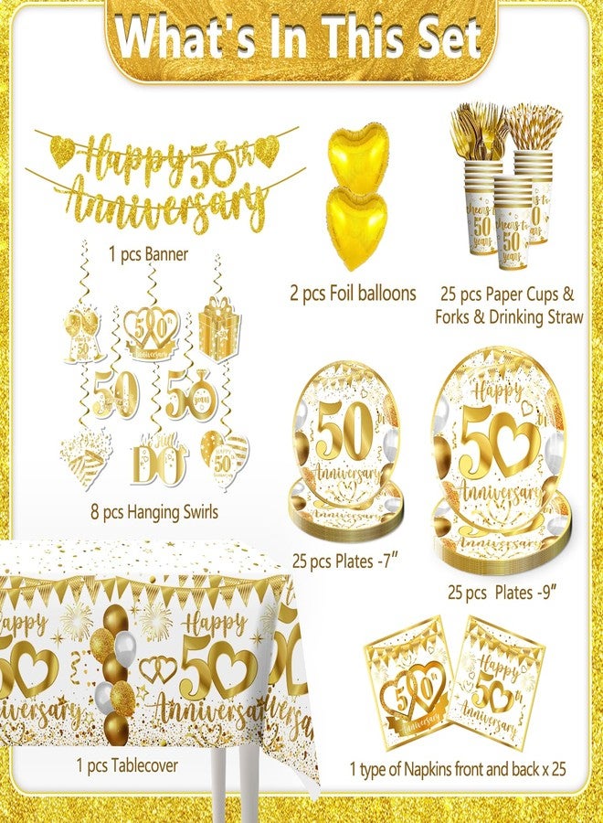 cocomigo 162pc 50th Anniversary Decorations - Tableware Set with Plates, Napkins, Banner, Tablecloth, Balloons - Serves 25 - Image 2