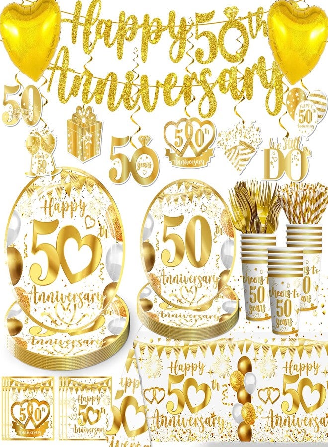 cocomigo 162pc 50th Anniversary Decorations - Tableware Set with Plates, Napkins, Banner, Tablecloth, Balloons - Serves 25 - Image 1