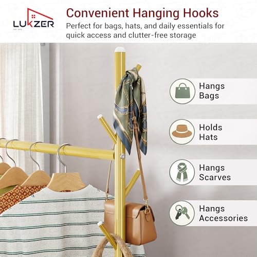 Lukzer| MGR-005 | Gold | Multipurpose Single Pole Metal Garment Rack with Wheels & 1 Bottom Shelves – Movable Clothes Stand & Storage Organizer for Bedroom, Hallway, Entryway & More | 34 x 90 x 173 cm - Image 5