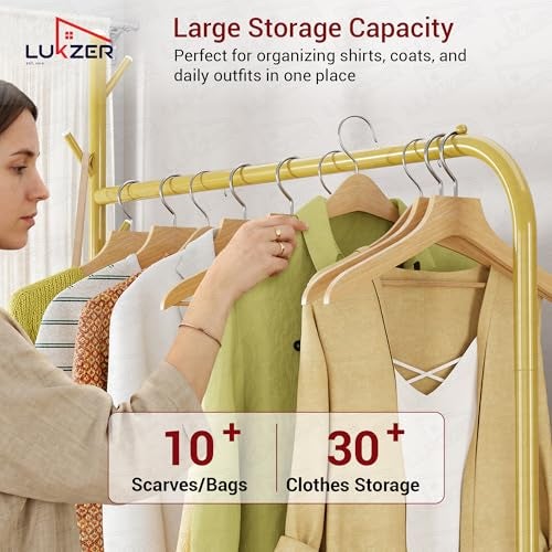 Lukzer| MGR-005 | Gold | Multipurpose Single Pole Metal Garment Rack with Wheels & 1 Bottom Shelves – Movable Clothes Stand & Storage Organizer for Bedroom, Hallway, Entryway & More | 34 x 90 x 173 cm - Image 4