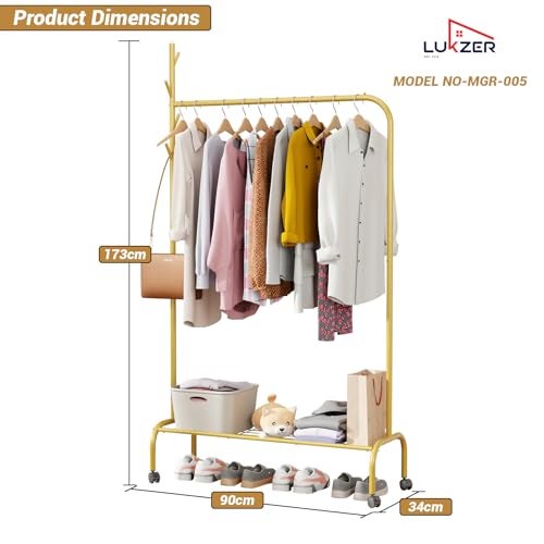 Lukzer| MGR-005 | Gold | Multipurpose Single Pole Metal Garment Rack with Wheels & 1 Bottom Shelves – Movable Clothes Stand & Storage Organizer for Bedroom, Hallway, Entryway & More | 34 x 90 x 173 cm - Image 2