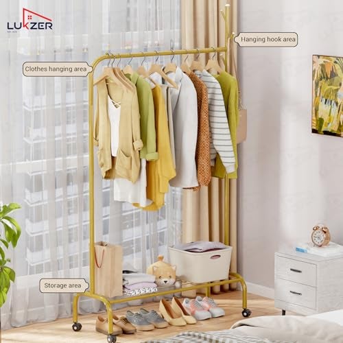 Lukzer| MGR-005 | Gold | Multipurpose Single Pole Metal Garment Rack with Wheels & 1 Bottom Shelves – Movable Clothes Stand & Storage Organizer for Bedroom, Hallway, Entryway & More | 34 x 90 x 173 cm - Image 3