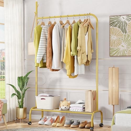 Lukzer| MGR-005 | Gold | Multipurpose Single Pole Metal Garment Rack with Wheels & 1 Bottom Shelves – Movable Clothes Stand & Storage Organizer for Bedroom, Hallway, Entryway & More | 34 x 90 x 173 cm - Image 1