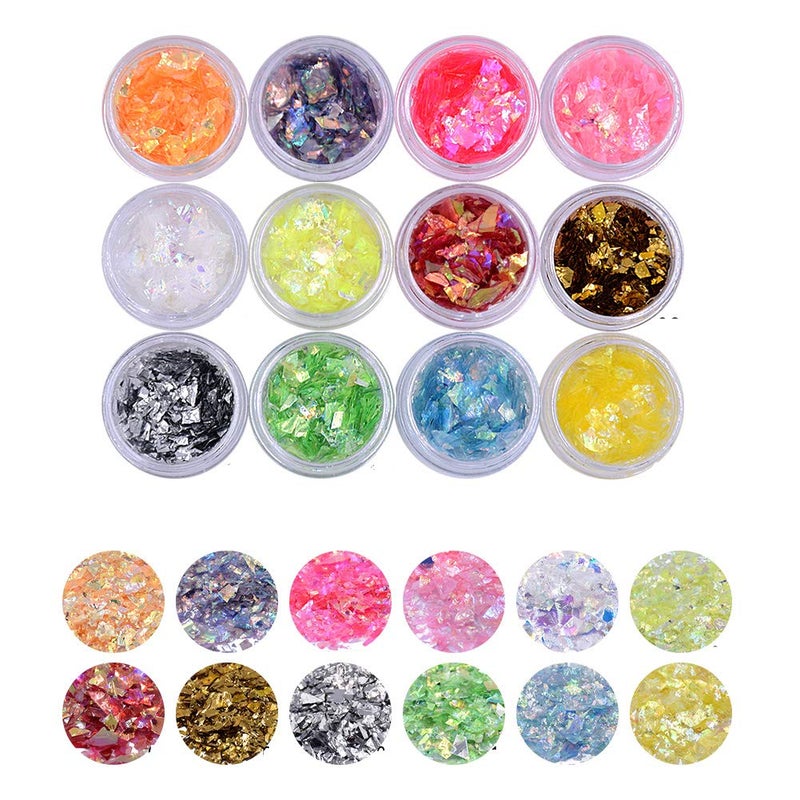 YesLady Nail Art Glitter Mylar Slices Irregular Sequins Glass Pieces Foil flakes Decoration 12 Colors