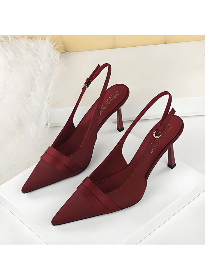 بيج تري المرأة مغلقة موجهة إصبع القدم مضخات سلينغباك ستيليتو كعب عالي الصنادل النبيذ الأحمر 9 سم - Image 1