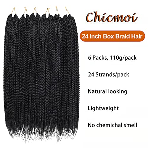Chicmoi Box Braid Crochet Hair 24 Inch Crochet Braids 144 Strands Crochet Box Braids Pre Looped Crochet Hair Extension for Black Women Knotless Black Color Chicmoi (1B, 24 inch box braids 6 pack) - Image 2