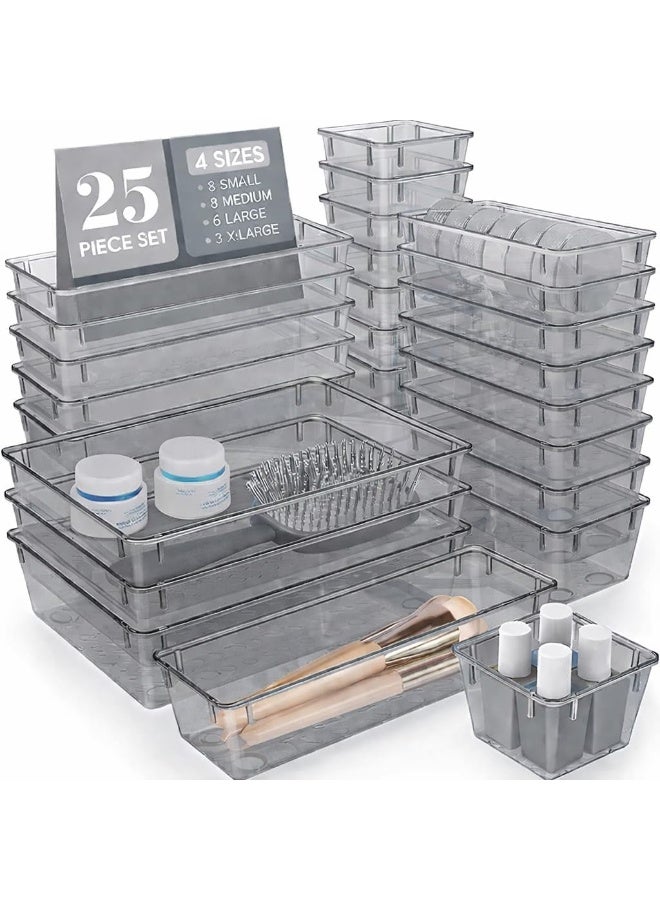 مجموعة من 25 صينية منظمة لأدراج المكتب، صناديق تخزين بلاستيكية شفافة، صينية أدراج الحمام، فواصل وصواني الزينة والإكسسوارات، منظم لغرفة النوم، تسريحة المكياج، المجوهرات، المطبخ، المكتب. - Image 1