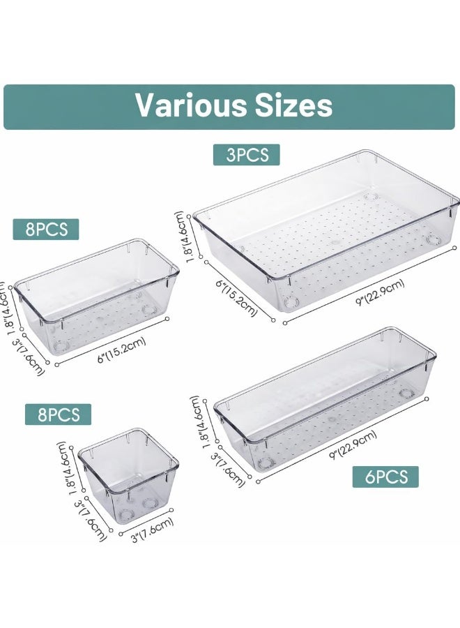 مجموعة من 25 صينية منظمة لأدراج المكتب، صناديق تخزين بلاستيكية شفافة، صينية أدراج الحمام، فواصل وصواني الزينة والإكسسوارات، منظم لغرفة النوم، تسريحة المكياج، المجوهرات، المطبخ، المكتب. - Image 2