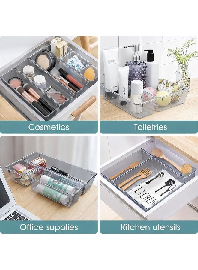مجموعة من 25 صينية منظمة لأدراج المكتب، صناديق تخزين بلاستيكية شفافة، صينية أدراج الحمام، فواصل وصواني الزينة والإكسسوارات، منظم لغرفة النوم، تسريحة المكياج، المجوهرات، المطبخ، المكتب. - Image 3