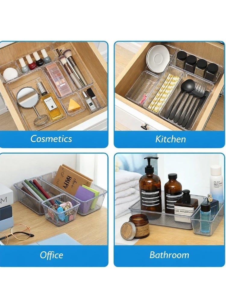 مجموعة من 25 صينية منظمة لأدراج المكتب، صناديق تخزين بلاستيكية شفافة، صينية أدراج الحمام، فواصل وصواني الزينة والإكسسوارات، منظم لغرفة النوم، تسريحة المكياج، المجوهرات، المطبخ، المكتب. - Image 4
