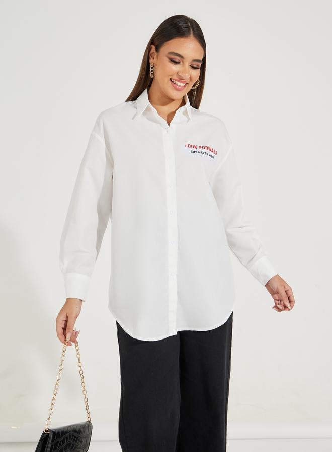 Styli Oversized Slogan Print Buttoned Shirt with Long Sleeves  - Image 1