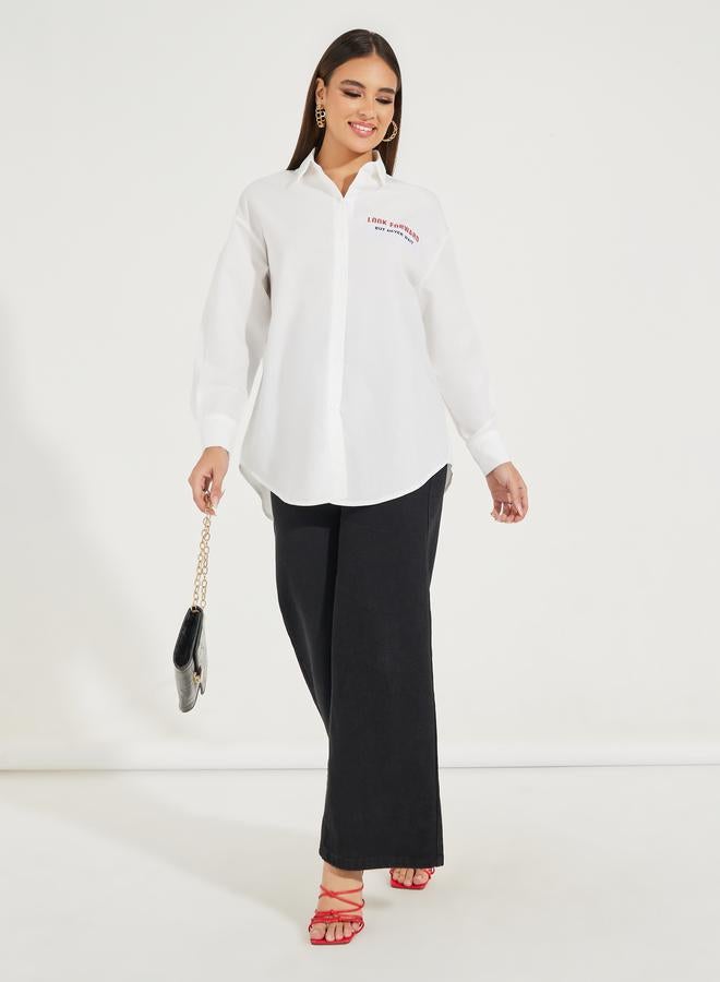 Styli Oversized Slogan Print Buttoned Shirt with Long Sleeves  - Image 2