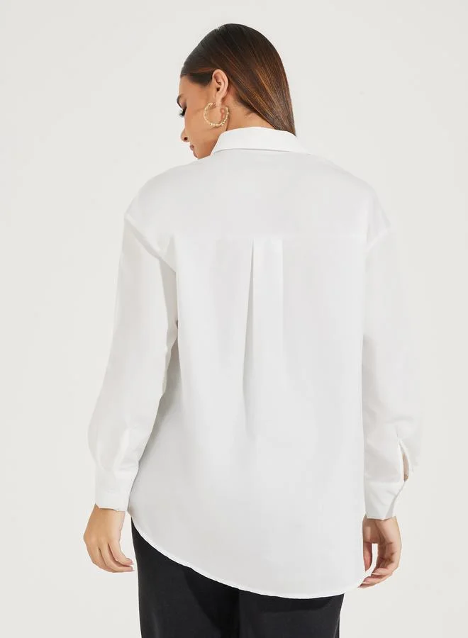 Styli Oversized Slogan Print Buttoned Shirt with Long Sleeves