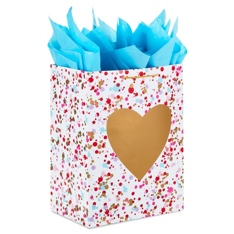 Hallmark 17 Extra Large Valentines Day Gift Bag with Blue Tissue Paper Gold Heart Paint Splatters