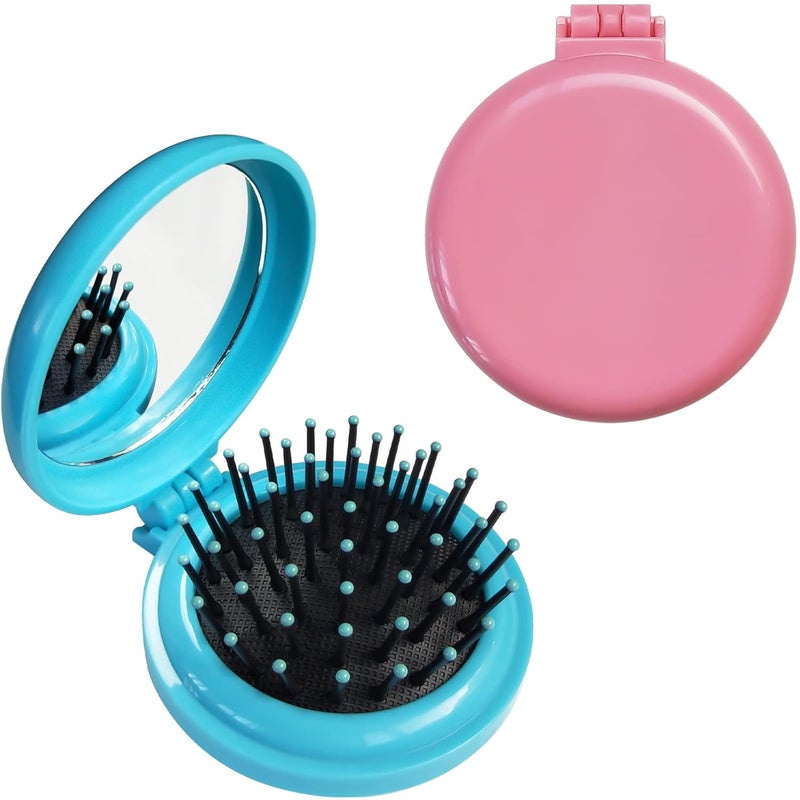Folding Hair Brush with Mirror for PursePocketRound Mini Compact Massage Comb for Girls and Women Dark blueDark pink