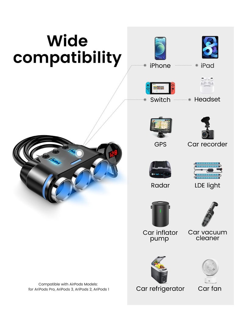SYOSI Car Lighter Adapter, Car Cigarette Lighter USB Charger with 12V USB Socket USB Adapter Car Charger Multi Socket Extension with Double/Dual Plug/Port & Extension for all Car Devices - Image 2