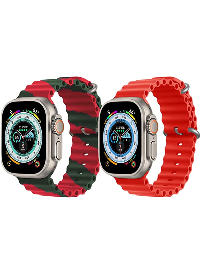 IAF Silicone Ocean Band Strap for Apple Watch Ultra 8 49mm Red/Green Double Line Strap with Red Single Color Strap Set of 2