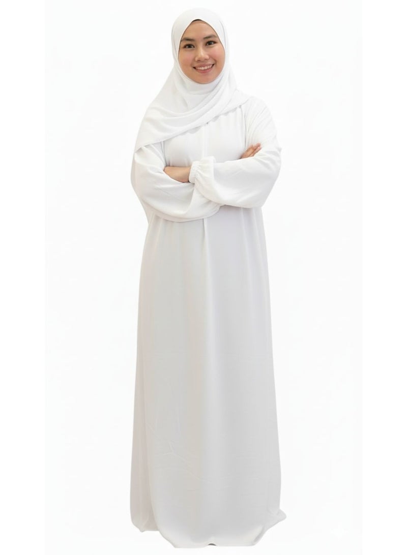 AMYAE Prayer Dress for Women One-Piece | Islamic Modest Full Prayer Outfit with Long Sleeves & Attached Scarf | Soft Cotton Jilbab Abaya | Namaz, Salah, Umrah & Hajj Wear | Plain White - Image 1