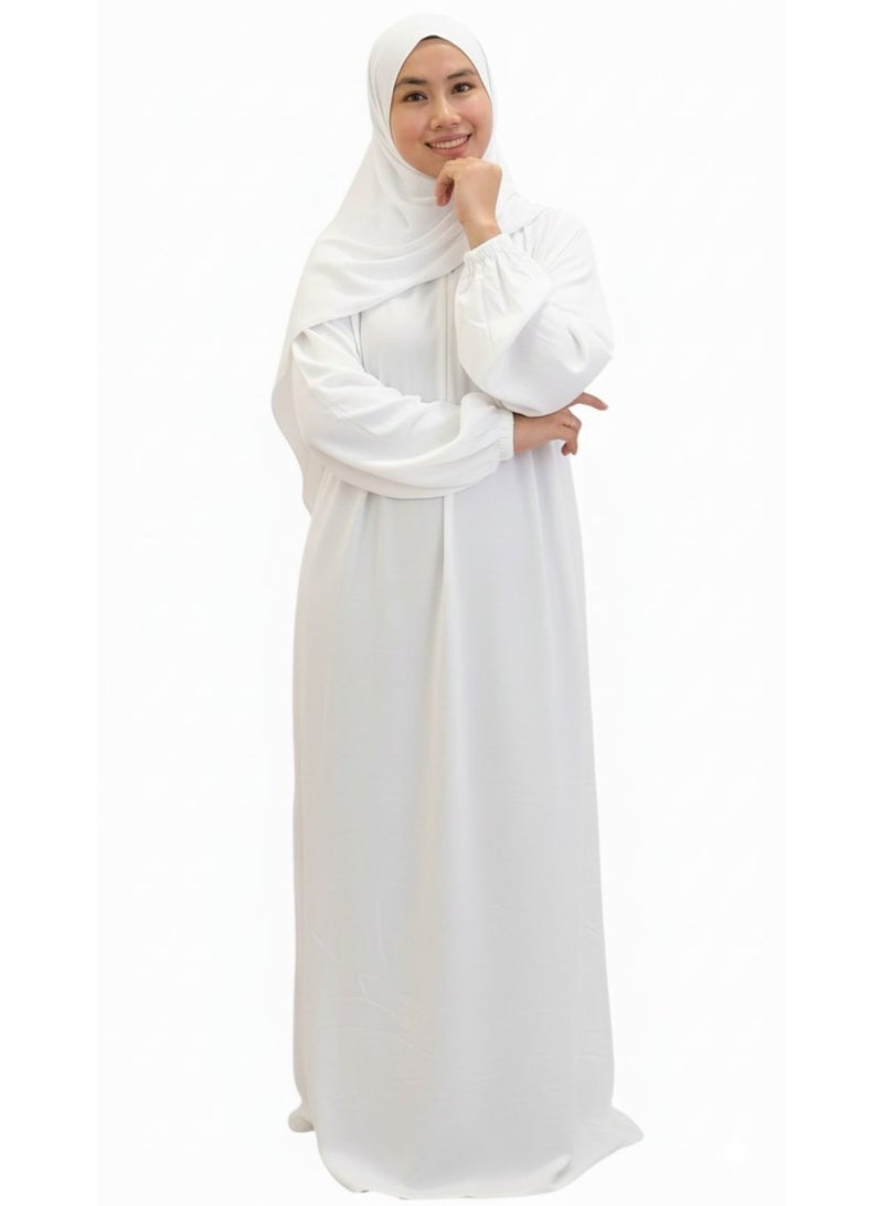 AMYAE Prayer Dress for Women One-Piece | Islamic Modest Full Prayer Outfit with Long Sleeves & Attached Scarf | Soft Cotton Jilbab Abaya | Namaz, Salah, Umrah & Hajj Wear | Plain White - Image 2