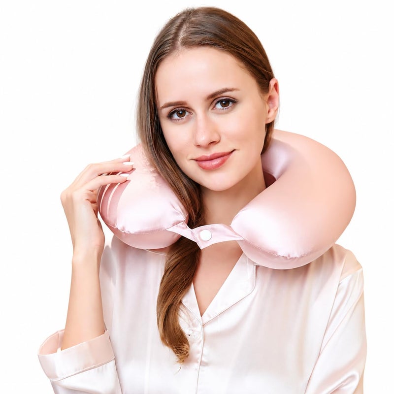 ROSEWARD Upgraded Softness 100 Mulberry Silk Neck Pillow for Travel 22 Momme Real Silk Travel Pillow for Pain Relief Sleeping Organic Silk Airplane Pillow Anti Wrinkle Travel Pillow Made in USA Pink - Image 2