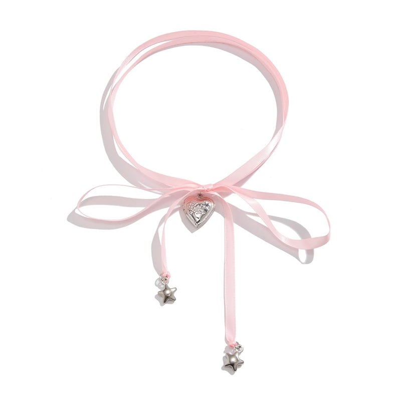 KURTCB Pearl Ribbon Bow Choker Necklaces Y2k Coquette Pearl Necklace with Heart Bow Necklace for Women (Pink) - Image 1