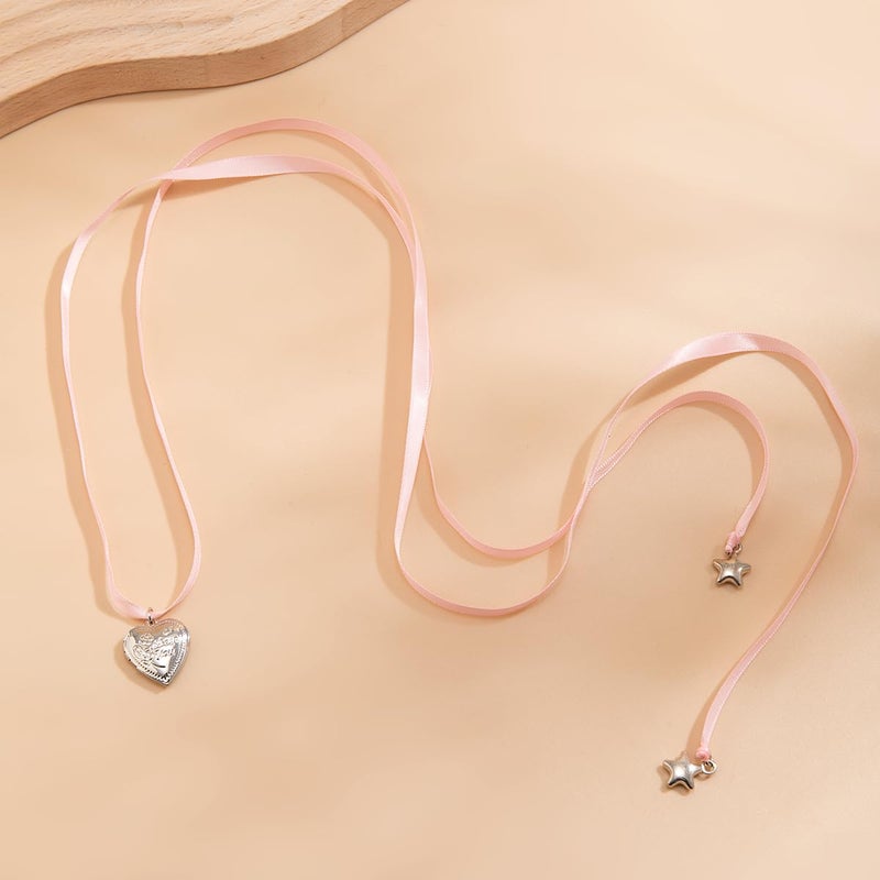 KURTCB Pearl Ribbon Bow Choker Necklaces Y2k Coquette Pearl Necklace with Heart Bow Necklace for Women (Pink) - Image 2