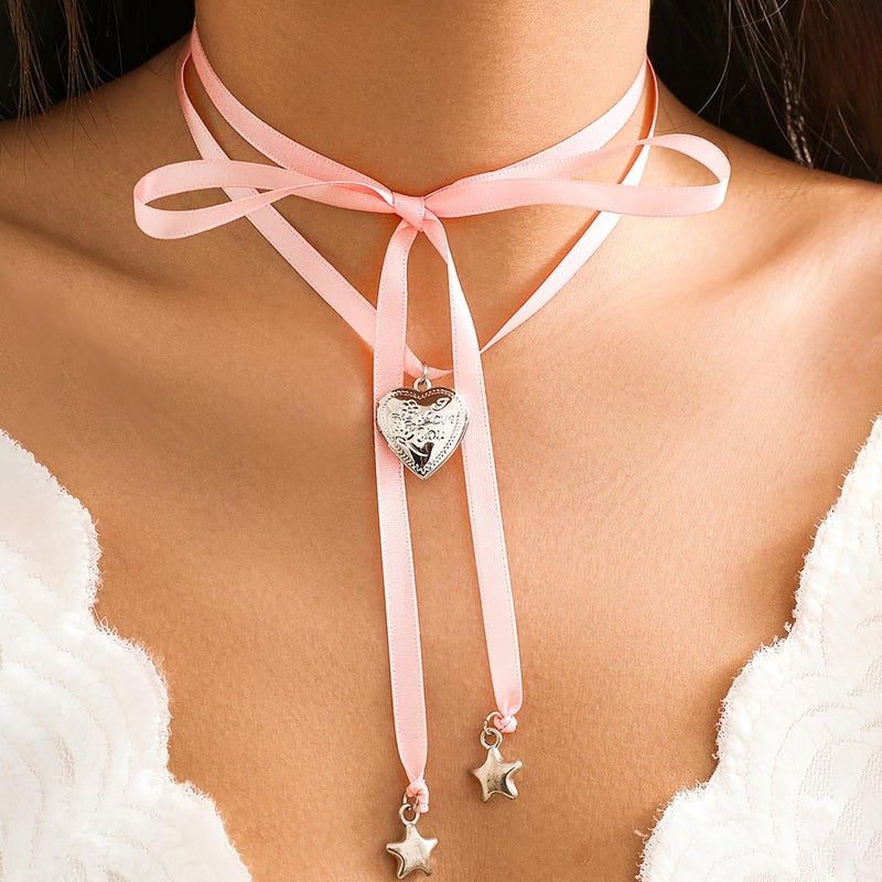 KURTCB Pearl Ribbon Bow Choker Necklaces Y2k Coquette Pearl Necklace with Heart Bow Necklace for Women (Pink) - Image 3
