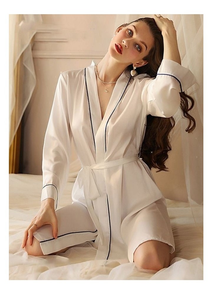 Women's Bathrobe Light Luxury Ice Silk Satin Cooling Nightgown Wrapping Design Breathable Skin-friendly Bathrobe White  - Image 3