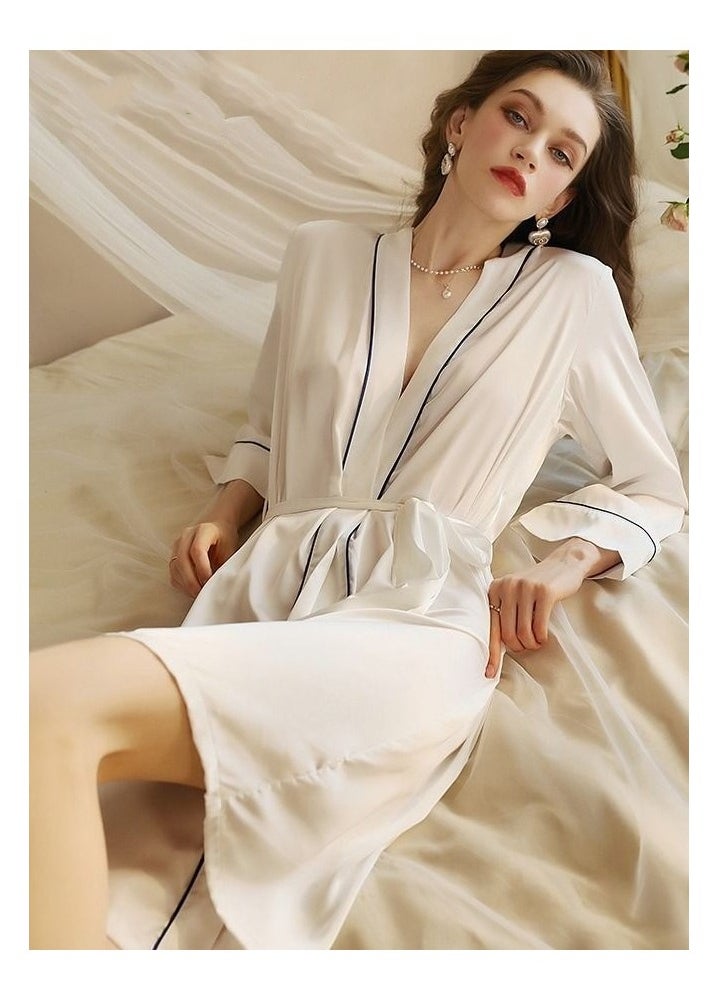 Women's Bathrobe Light Luxury Ice Silk Satin Cooling Nightgown Wrapping Design Breathable Skin-friendly Bathrobe White  - Image 4