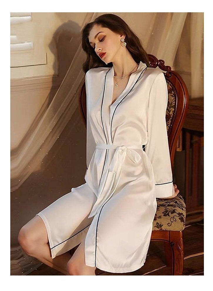 Women's Bathrobe Light Luxury Ice Silk Satin Cooling Nightgown Wrapping Design Breathable Skin-friendly Bathrobe White  - Image 5