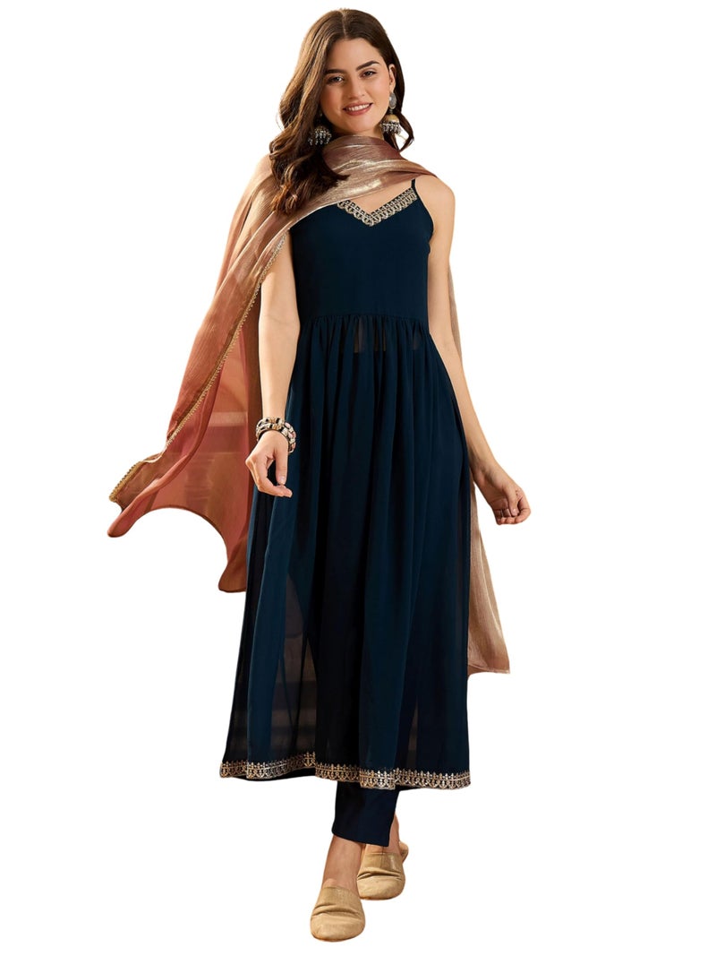 EthnicJunction Women's Georgette Embroidered Sleeveless Anarkali Kurta Pant with Dupatta Set | Ethnic Set | Flared Kurta Set for Women | Shoulder Strep Kurta Set Teal - Image 1