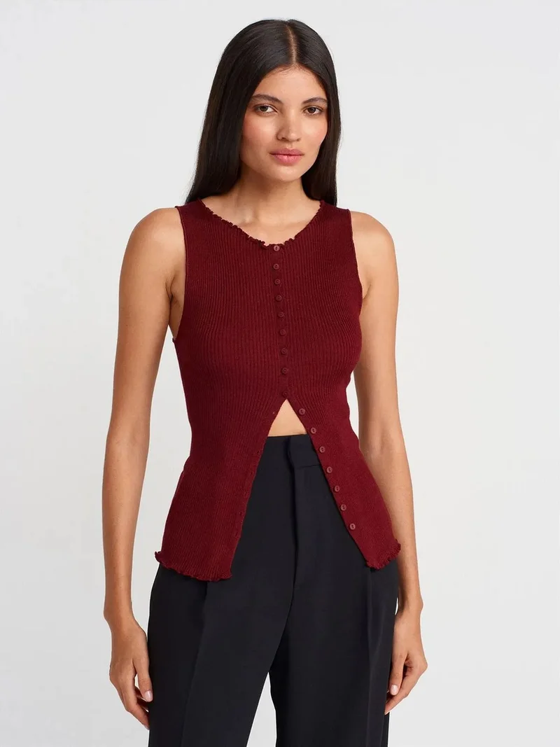 ديلفين DILVIN Sleeveless Ribbed Button Cardigan