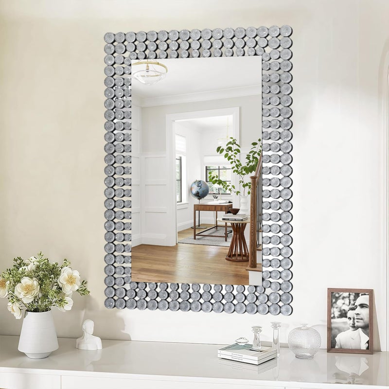 KOHROS Decorative Wall Mirror with Glitter Beaded Bathroom Mirror 36 x 24 Silver Rectangle Beveled Mirror for Bathroom Vanity Entryway