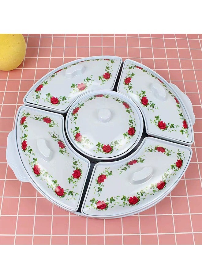 إيه تي إم صينية تقديم أنيقة من الميلامين مزينة بالزهور مع مقبض - مجموعة مكونة من 5 أقسام مع أغطية - 36 × 36 × 6.5 سم - Image 1